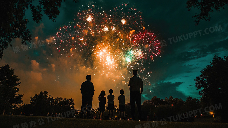 一家人正在观看远方烟花图片