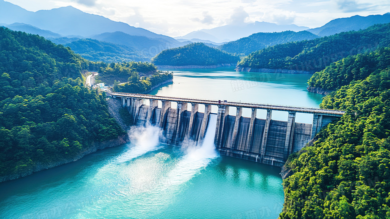 开闸放水中的水利大坝建筑鸟瞰图图片