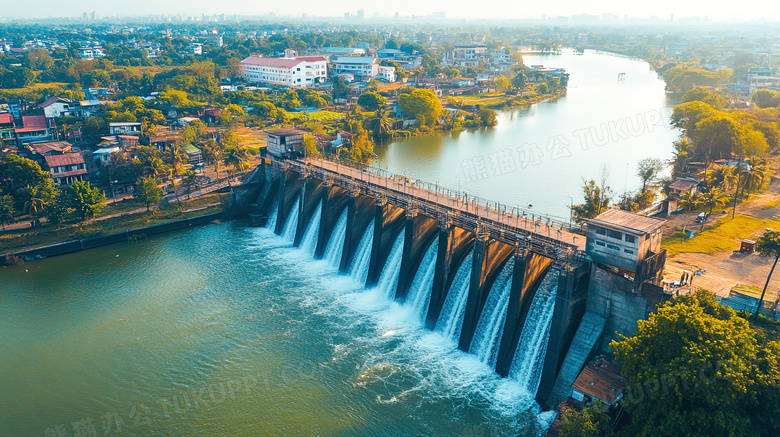 开闸放水中水利大坝建筑全景鸟瞰图图片