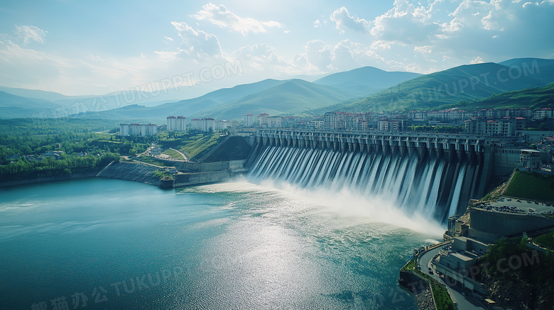 水利大坝建筑全景鸟瞰图图片