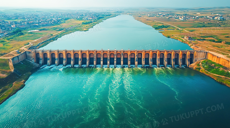 水利大坝建筑全景鸟瞰图图片