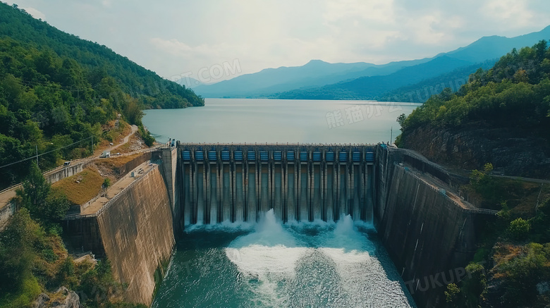 开闸放水中的水利大坝建筑图片