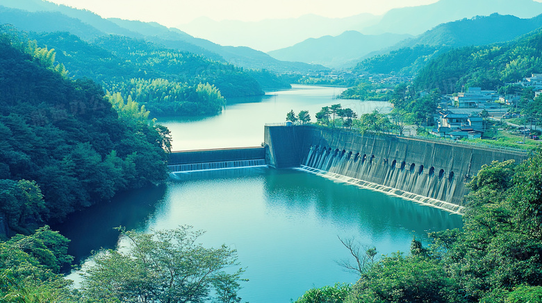 水利大坝建筑全景鸟瞰图图片