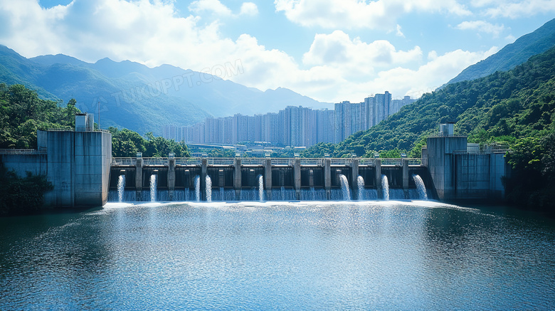 水利大坝建筑全景鸟瞰图图片