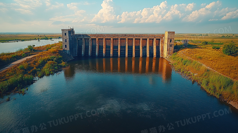 正视角水利大坝建筑全景鸟瞰图图片