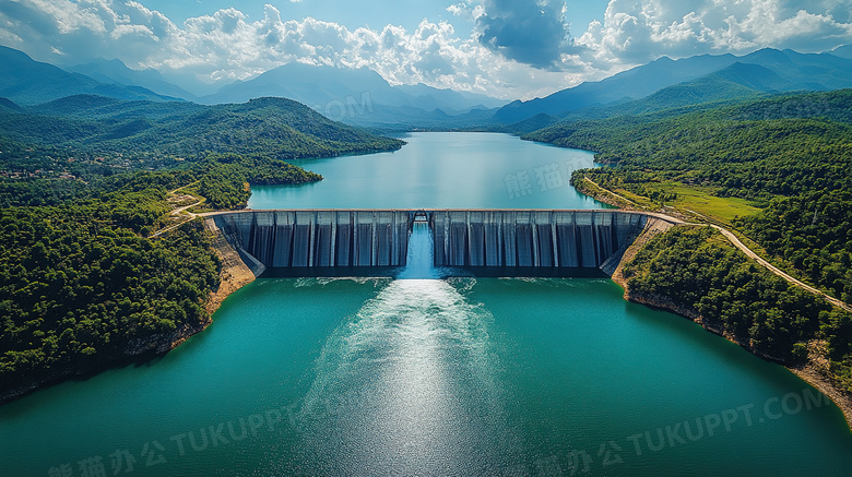 水利大坝建筑全景鸟瞰图图片