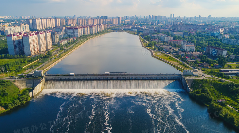 城市周边水利大坝建筑全景鸟瞰图图片