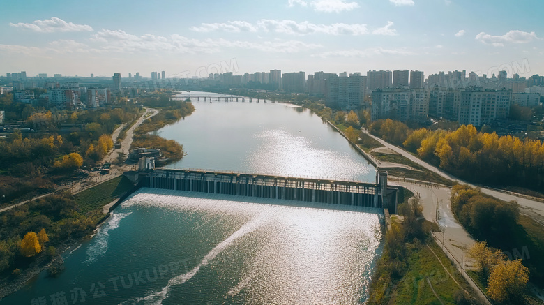 城市周边水利大坝建筑鸟瞰图图片