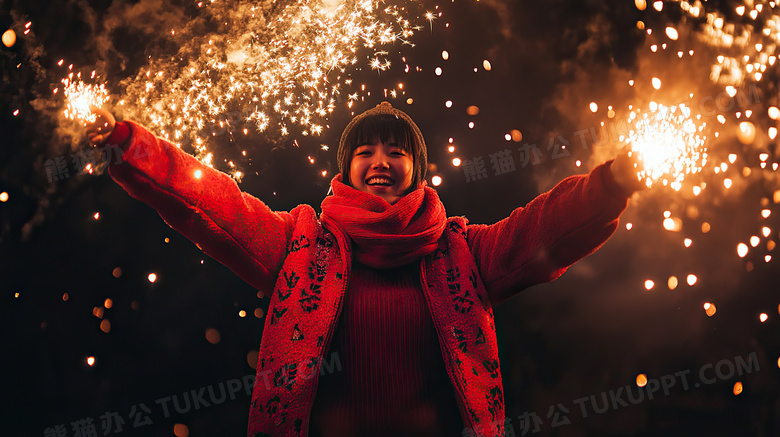 穿着新年衣服的女子在放烟花图片