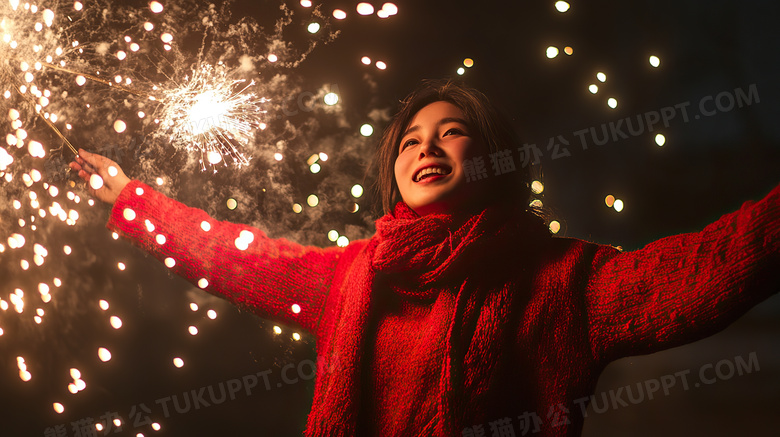 穿着新年衣服的女子在放烟花图片