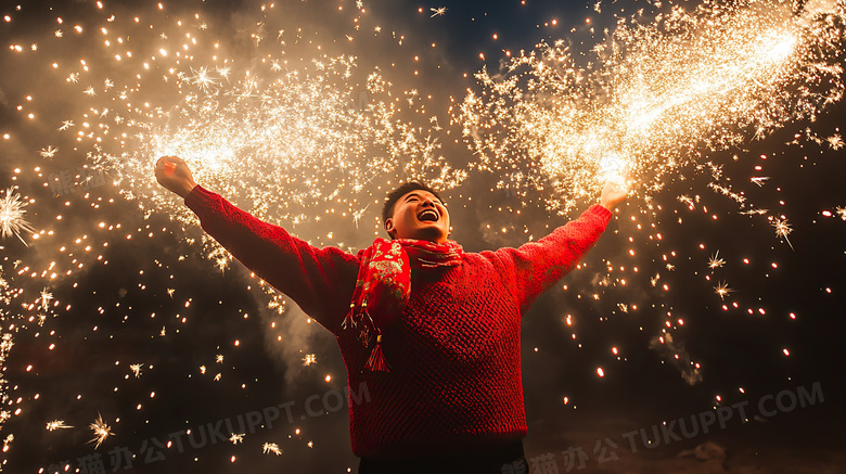 穿着新年衣服的男子在放烟花图片