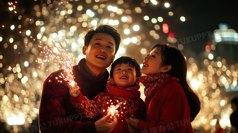 穿着新年衣服的一家人在放烟花图片