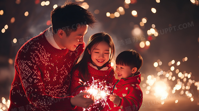 穿着新年衣服的一家人在放烟花图片