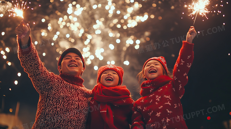 穿着新年衣服的一家人在放烟花图片