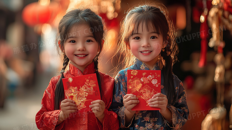 孩子拿新年红包压岁钱图片