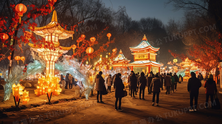 中国春节元宵节花灯庙会场景图片