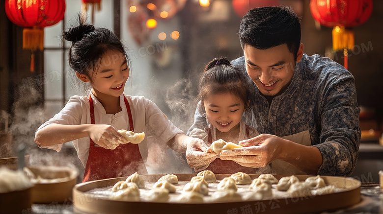 春节新年家人包饺子图片