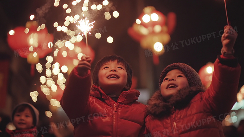 新年春节小孩在放烟花图片