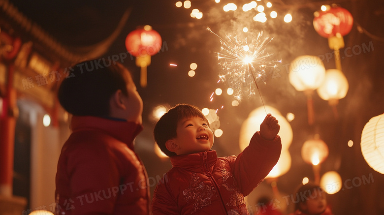 新年春节小孩在放烟花图片