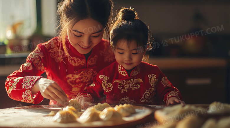 春节过年母女正在包饺子图片