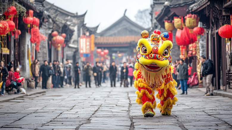 春节新年街上舞狮图片