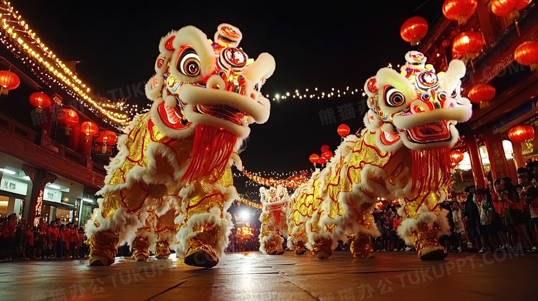 春节新年街上舞狮图片