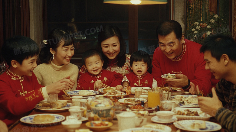 春节新年一家人正在吃年夜饭图片