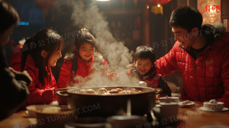 春节新年一家人正在吃年夜饭图片