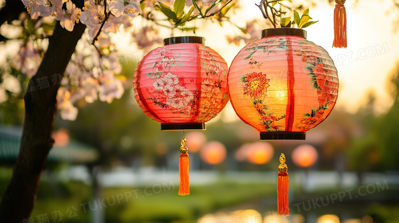 春节新年挂着的红灯笼图片