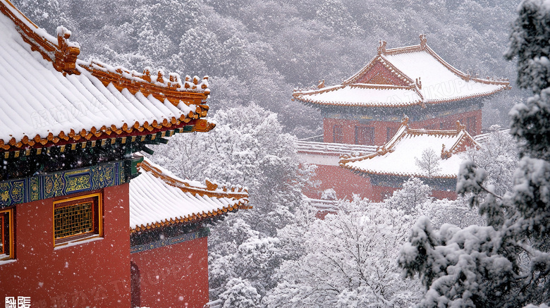 中国风屋檐冬天雪景风景图片