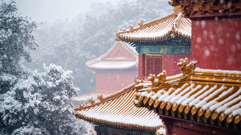 中国风屋檐冬天雪景风景图片