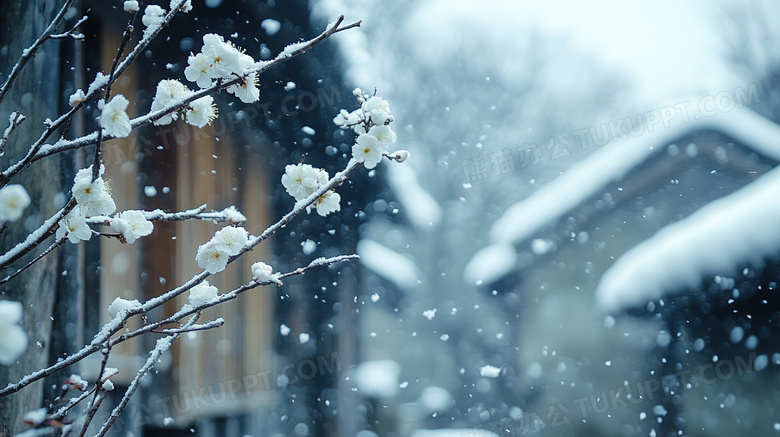 冬天冬季被雪覆盖的花朵下雪天雪景图片