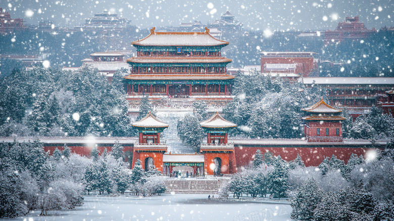 雪天冬天老式建筑物下雪雪景图片