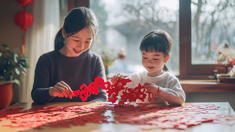 春节新年妈妈和孩子做窗花剪纸图片