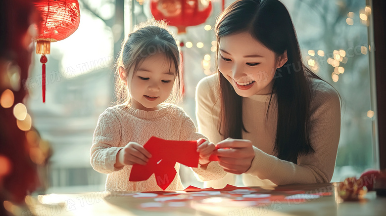 春节新年妈妈和孩子做窗花剪纸图片