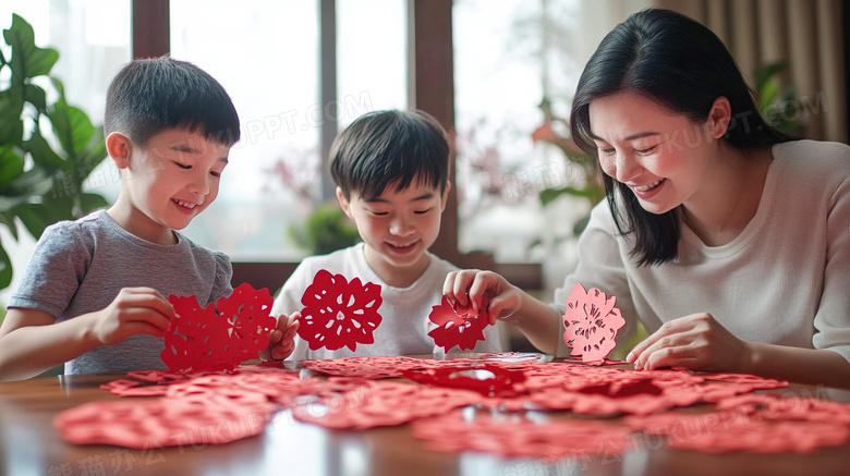 春节新年妈妈和孩子做窗花剪纸图片