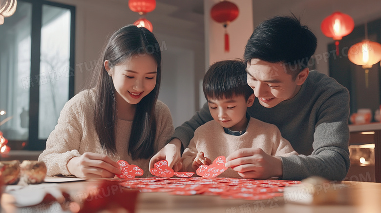 春节新年父母陪孩子做窗花剪纸图片