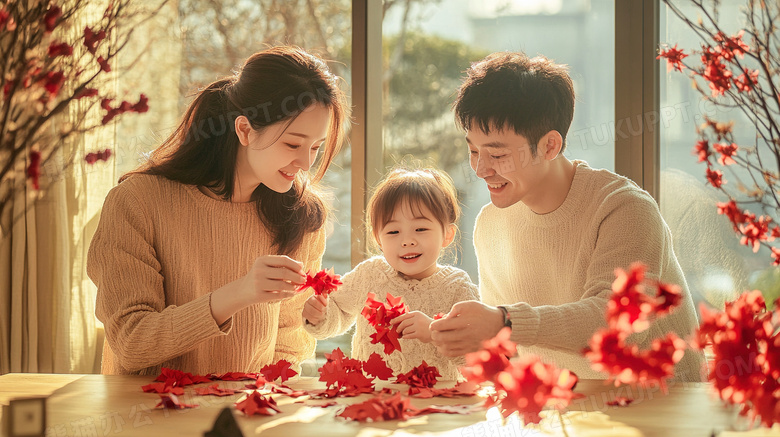 春节新年父母陪孩子做窗花剪纸图片