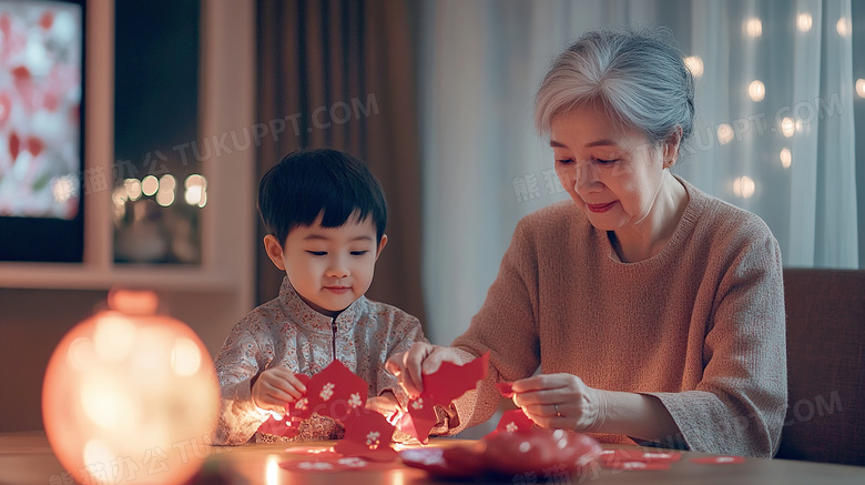 新年春节奶奶和孩子做窗花贴纸剪纸