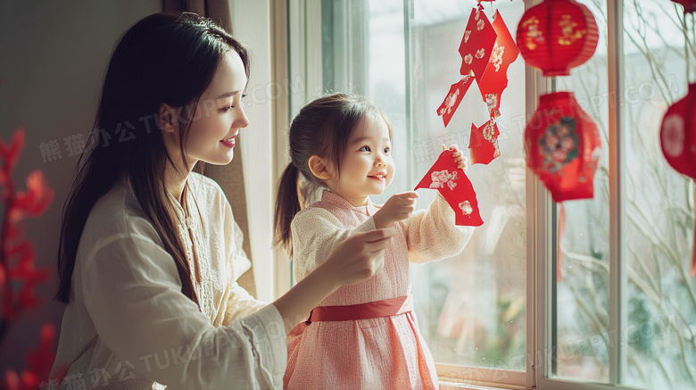 妈妈和孩子贴窗花剪纸贴纸图片