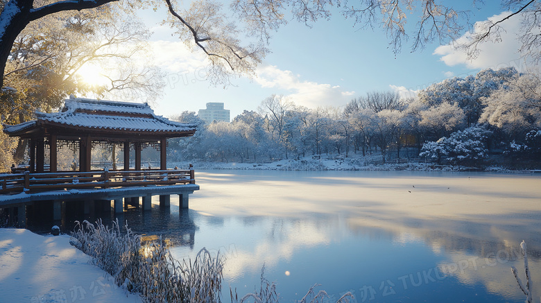 冬天湖泊凉亭雪景图片