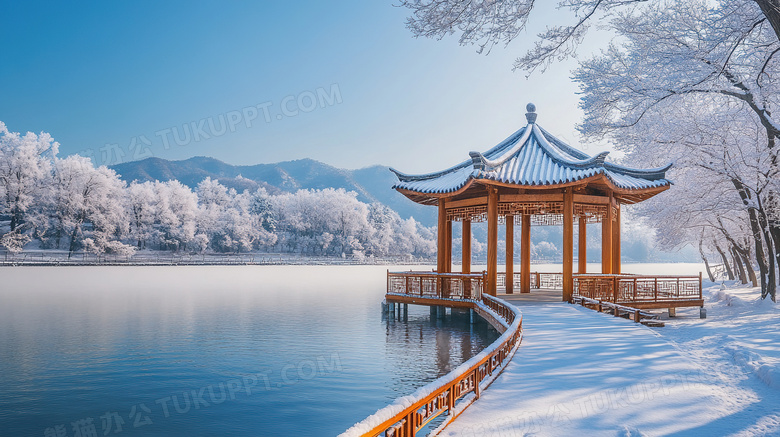 冬天湖泊凉亭雪景图片