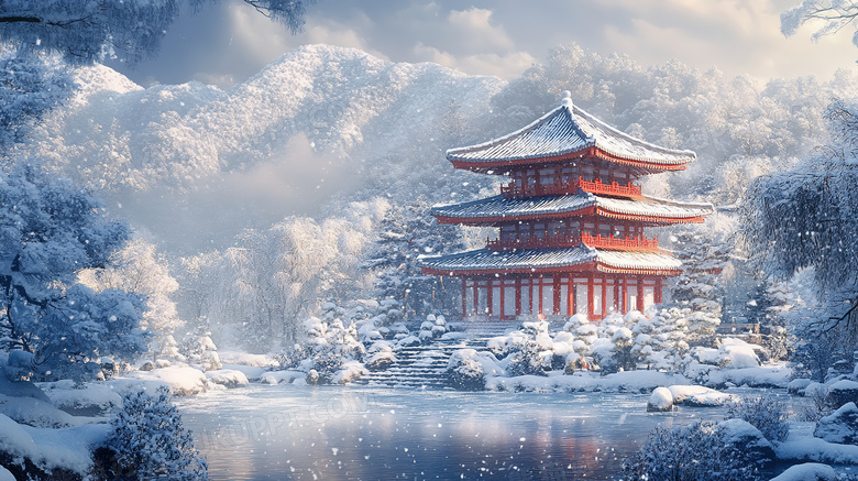 冬天古建筑塔楼雪景图片