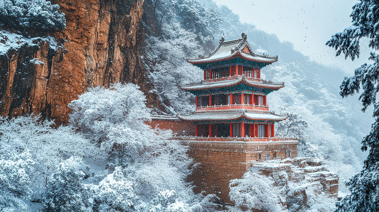 冬天古建筑塔楼雪景图片