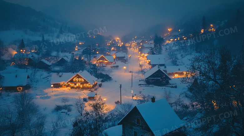 冬天村庄灯火夜景雪景图片