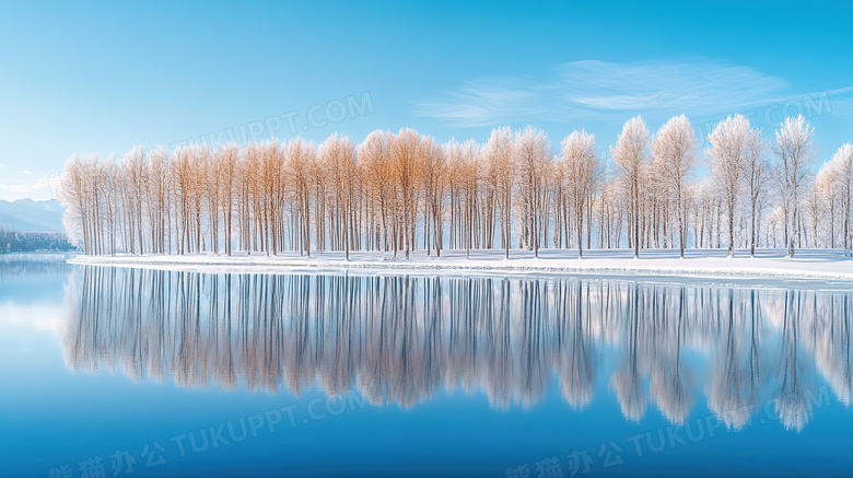 冬天湖泊白杨树雪景图片