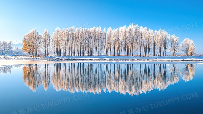 冬天湖泊白杨树雪景图片