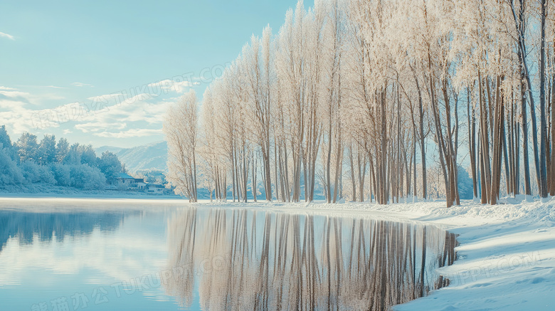 冬天湖泊白杨树雪景图片