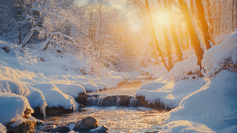 冬天溪流流水雪景图片