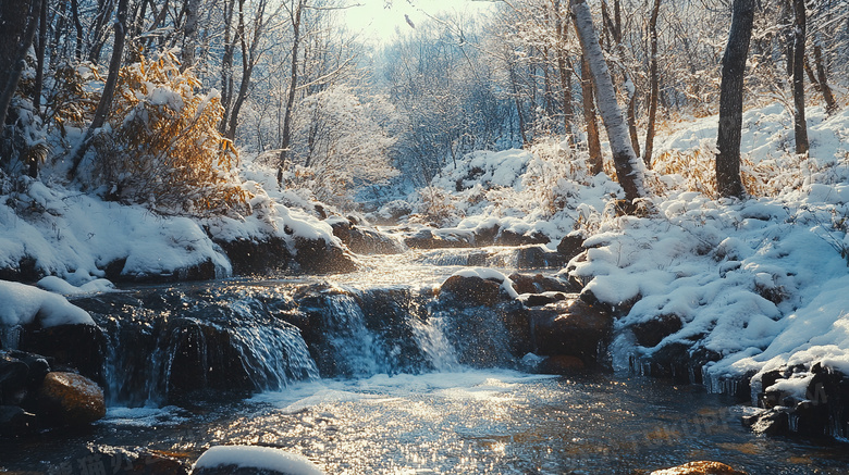 冬天溪流流水雪景图片